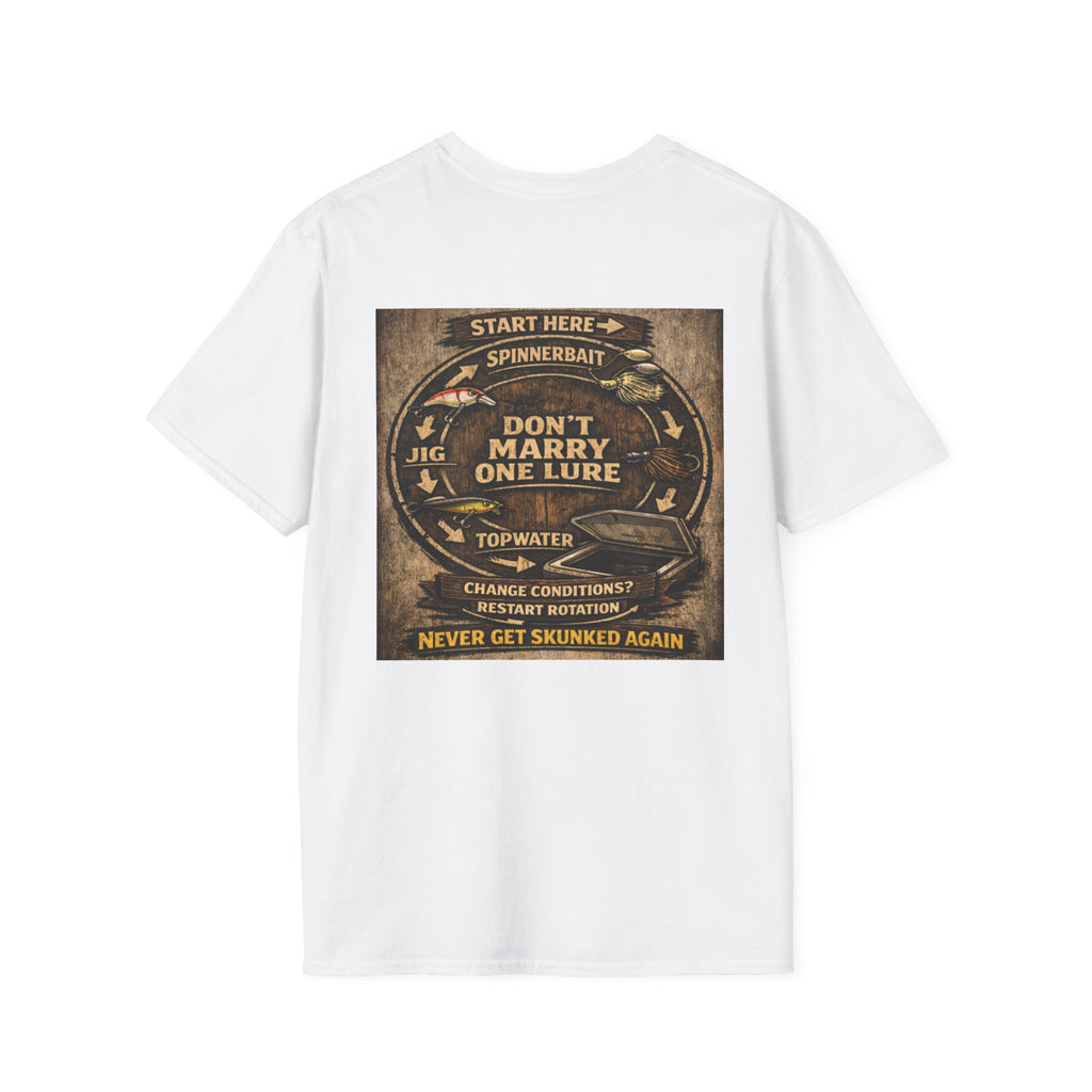 Fishing T-Shirt — "Don't Marry One Lure" Lure Rotation System Graphic Tee