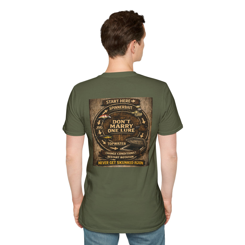 Fishing T-Shirt — "Don't Marry One Lure" Lure Rotation System Graphic Tee