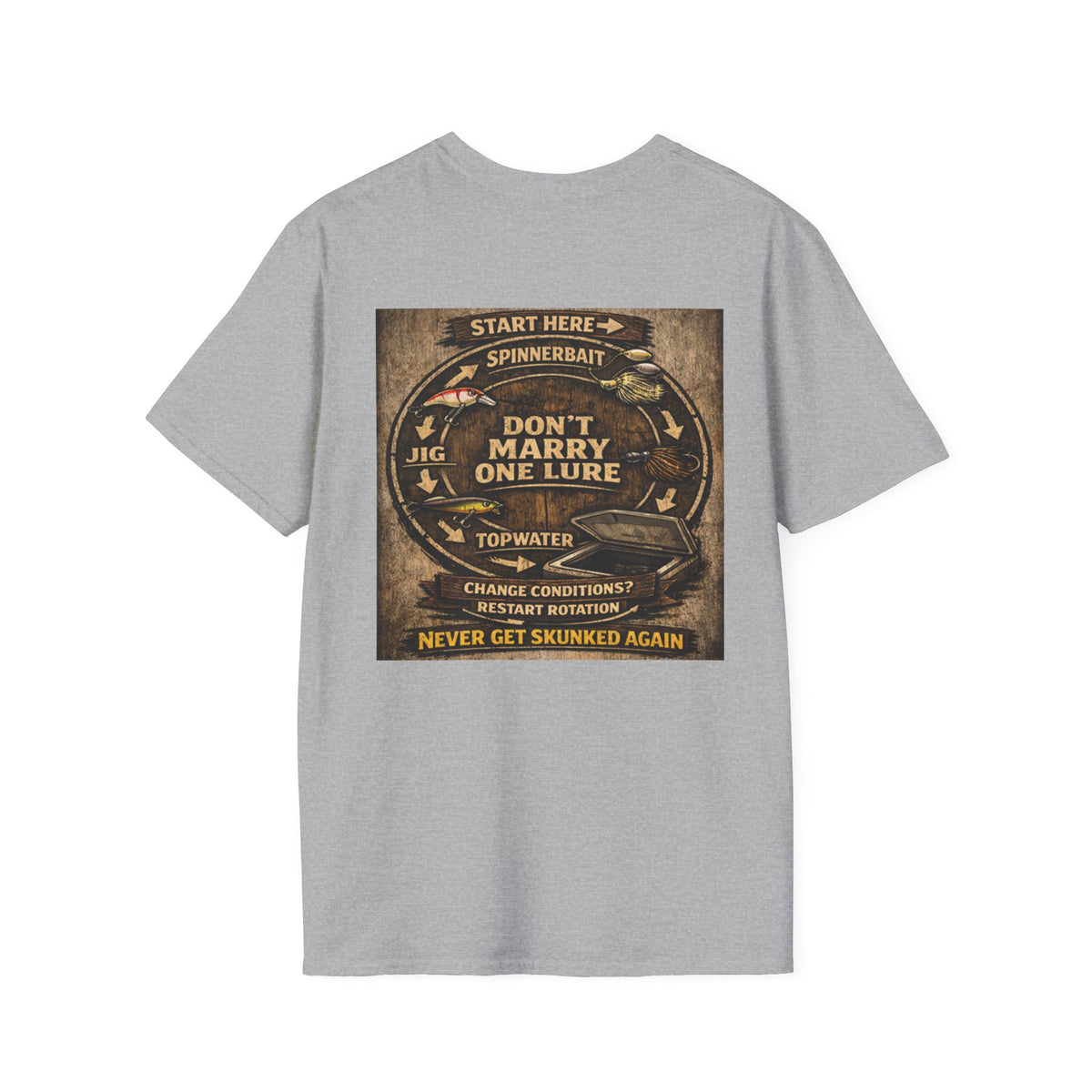 Fishing T-Shirt — "Don't Marry One Lure" Lure Rotation System Graphic Tee
