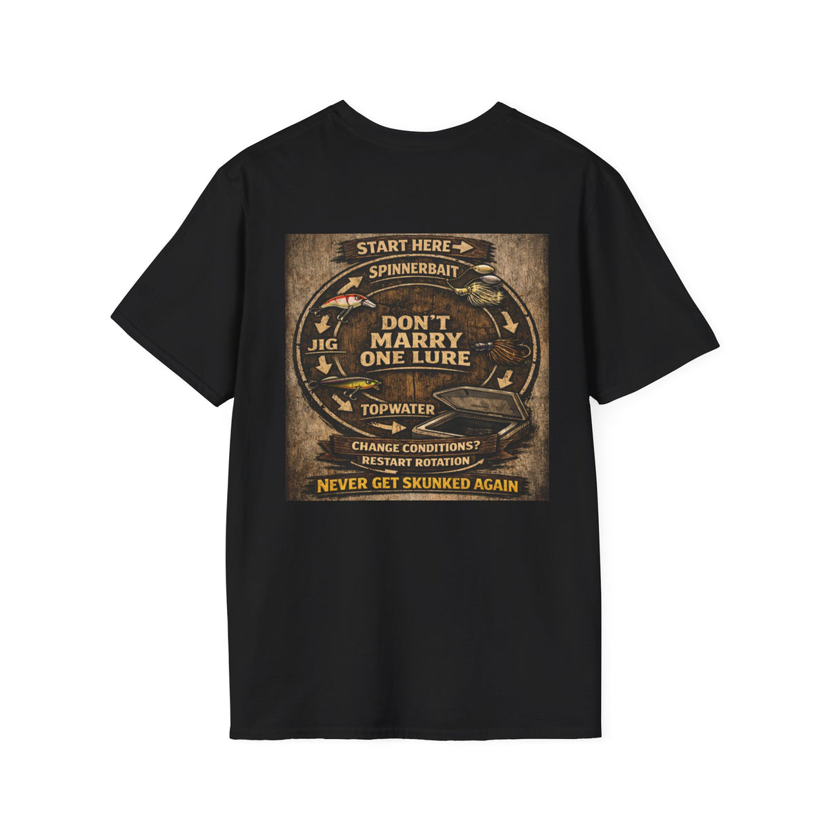 Fishing T-Shirt — "Don't Marry One Lure" Lure Rotation System Graphic Tee