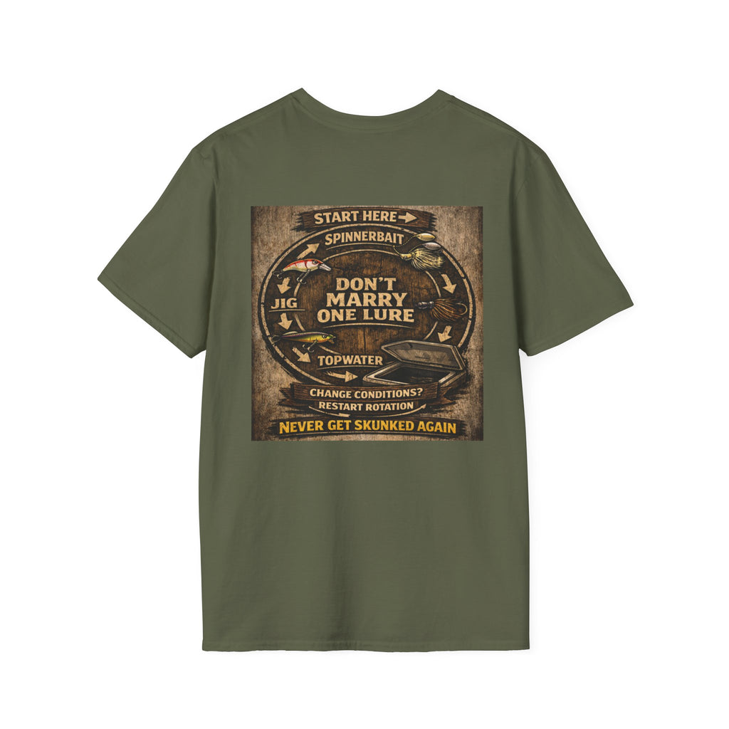 Fishing T-Shirt — "Don't Marry One Lure" Lure Rotation System Graphic Tee