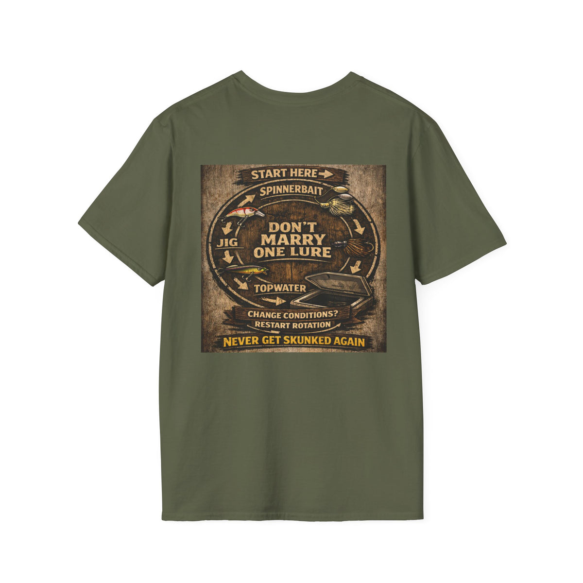Fishing T-Shirt — "Don't Marry One Lure" Lure Rotation System Graphic Tee